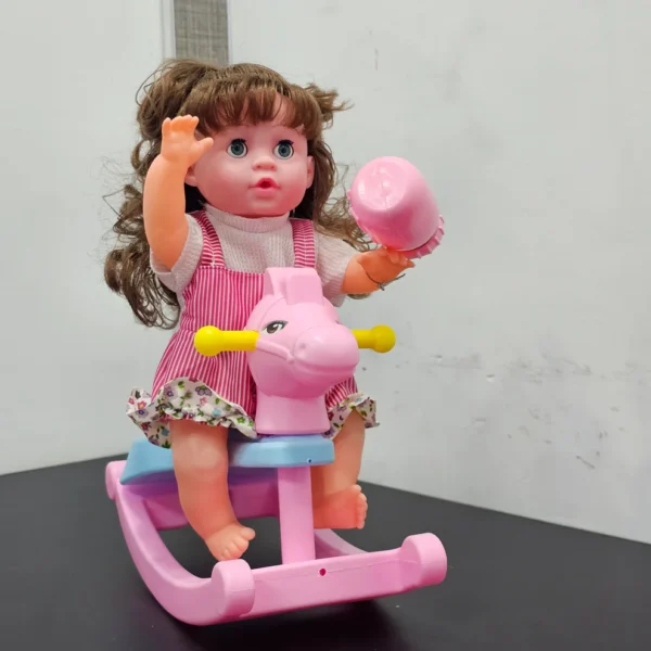Cute Fun Doll with Rocking Horse – 12 Sounds, Drinking Bottle, Flexible Hands & Interactive Play - Image 6