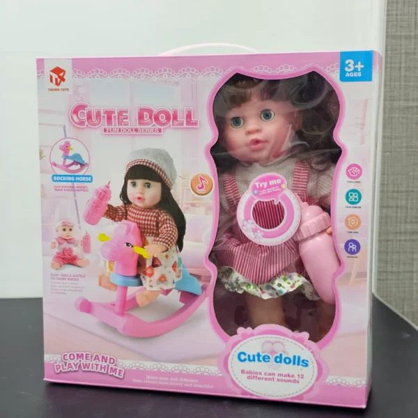 Cute Fun Doll with Rocking Horse – 12 Sounds, Drinking Bottle, Flexible Hands & Interactive Play - Image 5