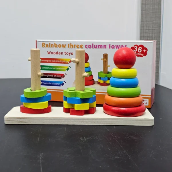 Rainbow Three Column Tower – Montessori Wooden Stacking Toy - Image 4
